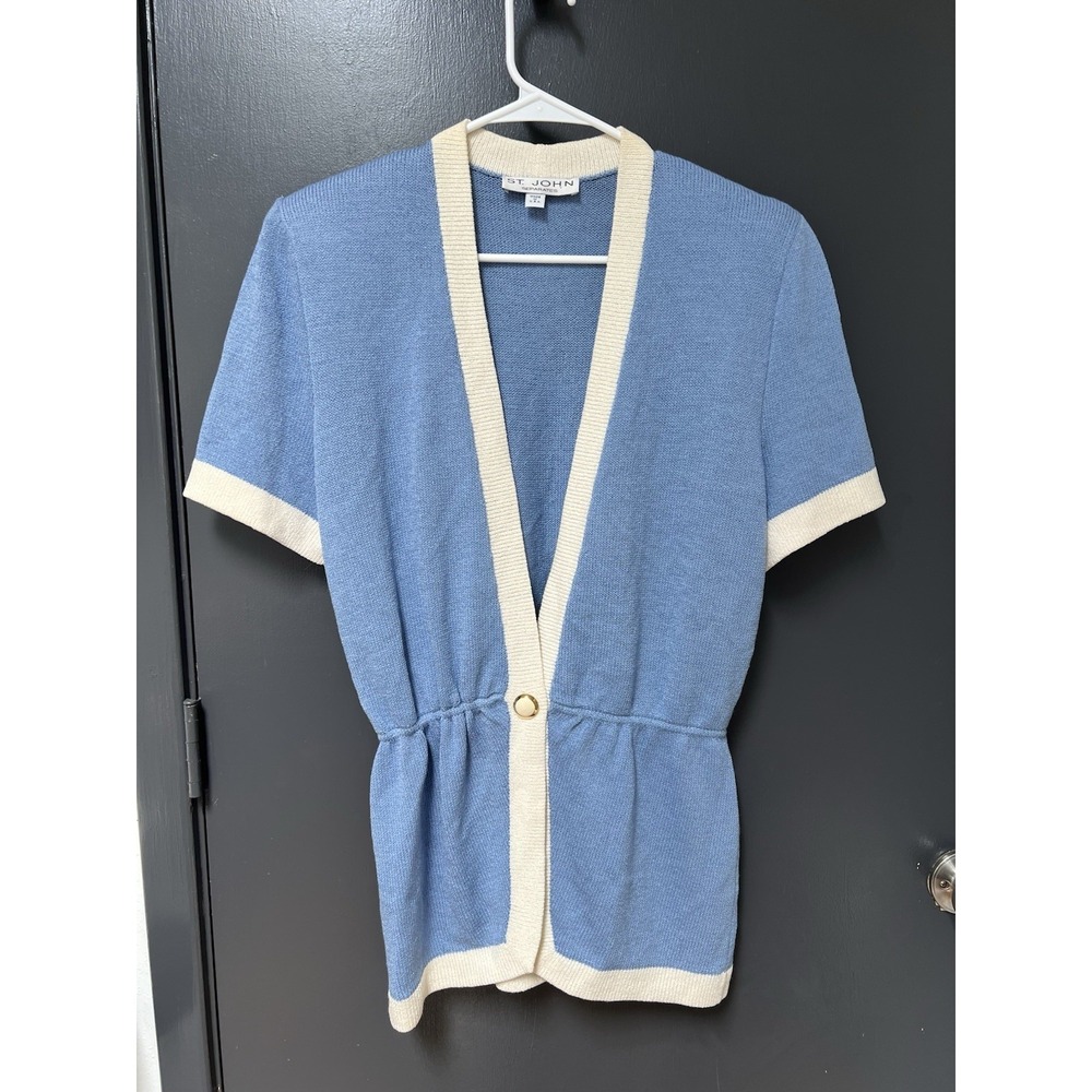 St. John Separates Sz M Cardigan Sweater Womens Short Sleeve Button Blue Knit